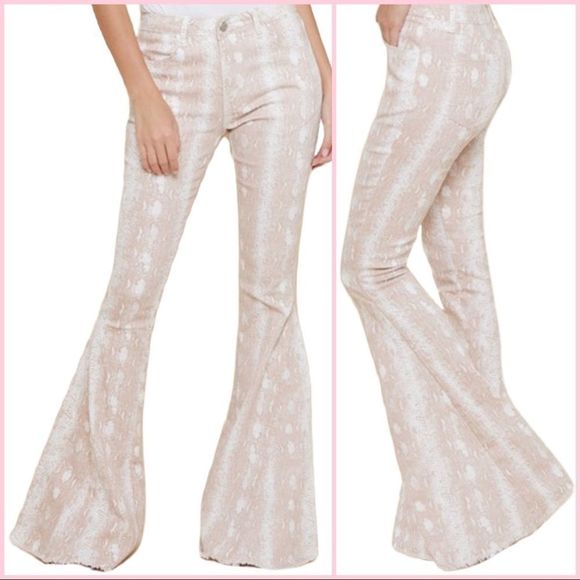 Blush Pink Snake Print Bell Bottom Jeans/ Flare Jeans/ 36- 36.5” Inseam - Picture 1 of 6